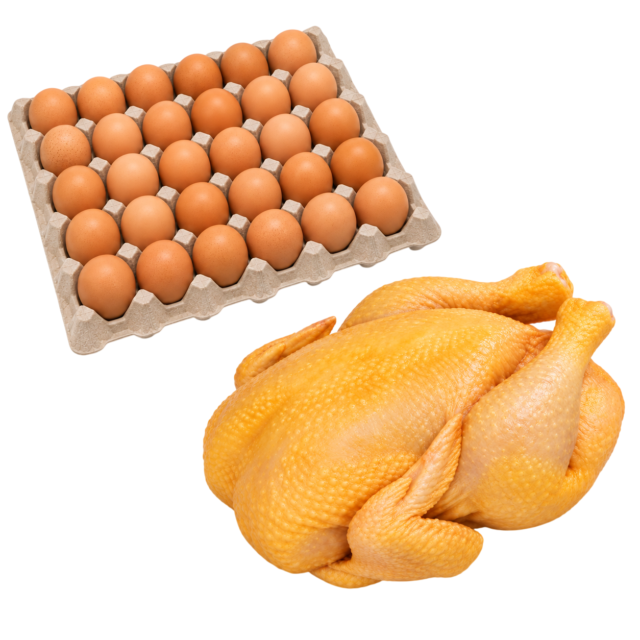 Promoción de pollo entero y cubeta de 30 huevos